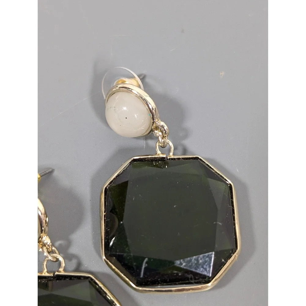 Green‎ Acrylic Bezel Set Drop Earrings Gold Tone Geometric Dangle Pierced